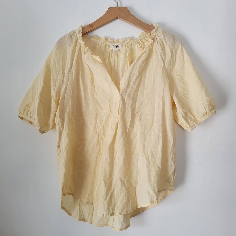 ANA A New Approach Yellow Cotton Peasant Blouse Womens Small Ruffle Neck Cottage